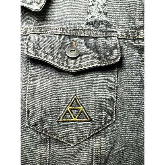 Distressed Denim Jacket with Zelda Triforce Embroidery Gamer Streetwear‎ - Picture 4 of 12